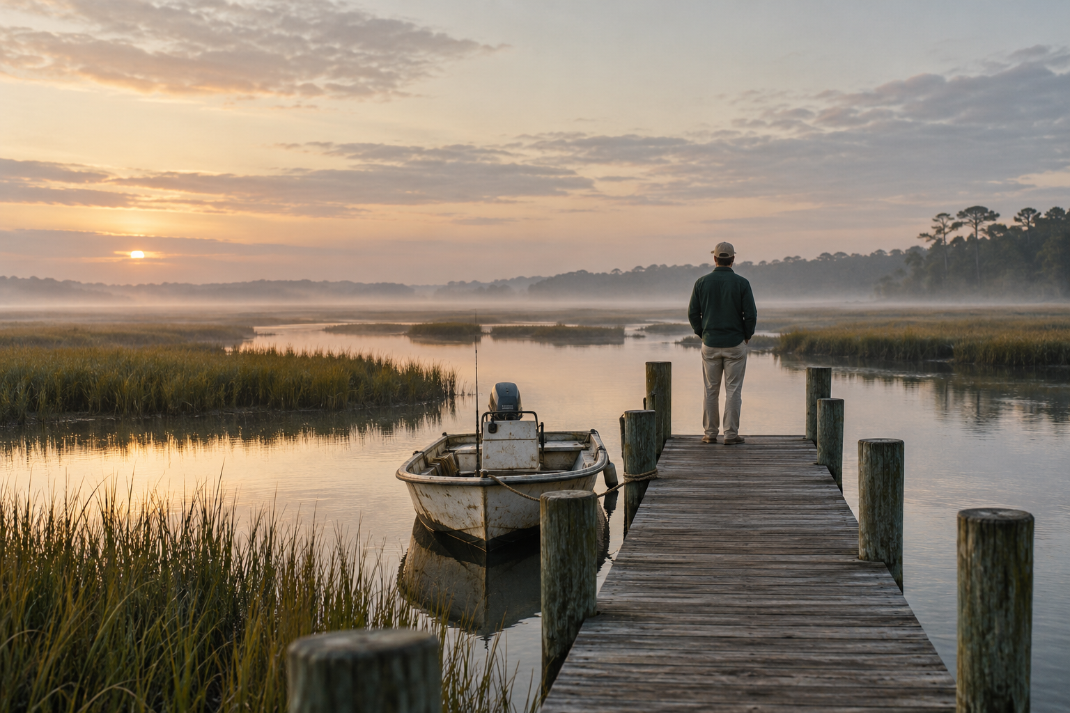 A quiet tidal creek and skiff at first light